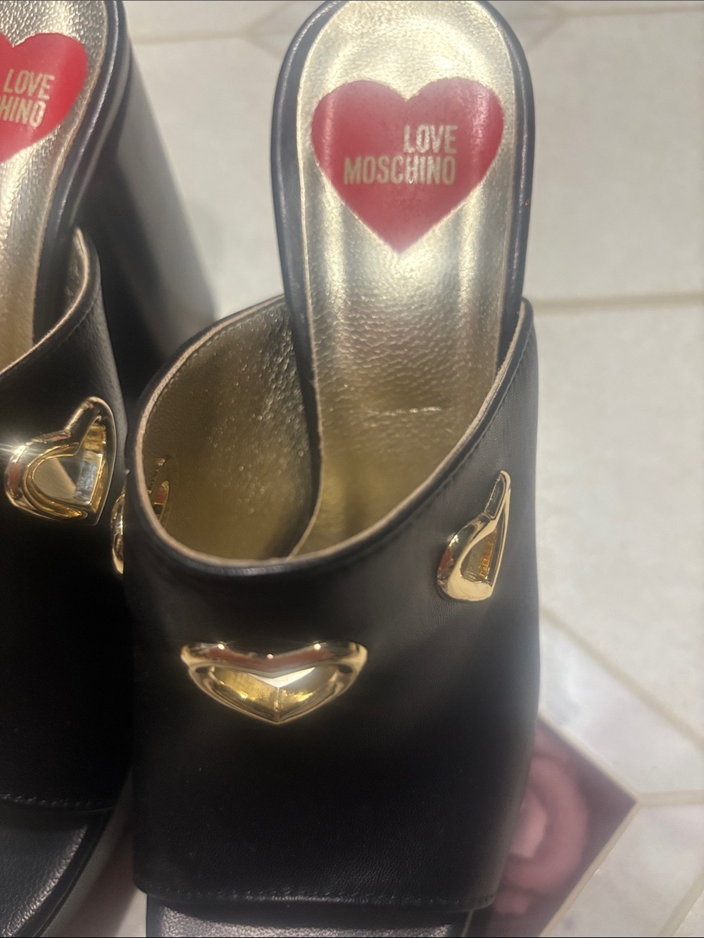 Love Moschino Black Slip-On Mules with Gold Heart Hardware - Picture 4 of 5
